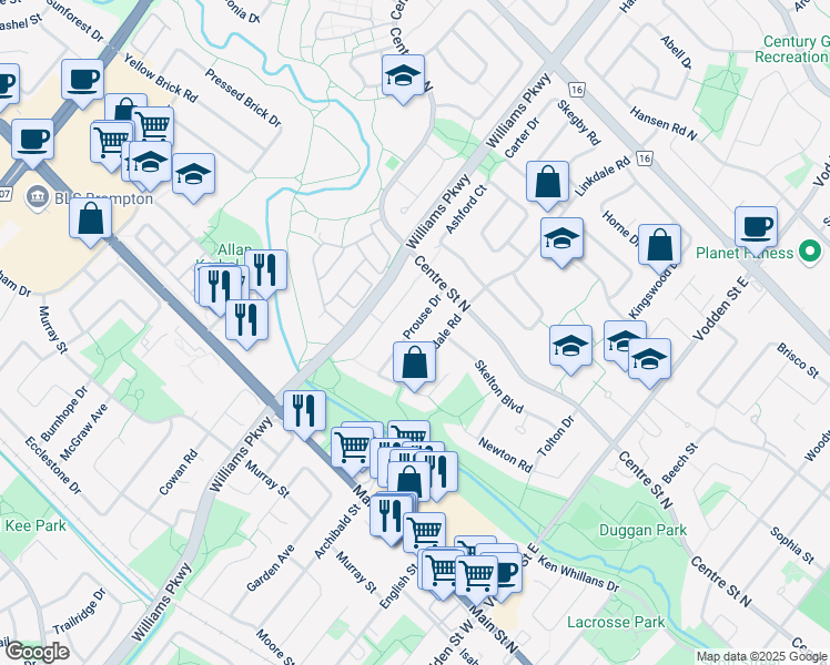 map of restaurants, bars, coffee shops, grocery stores, and more near 33 Prouse Drive in Brampton