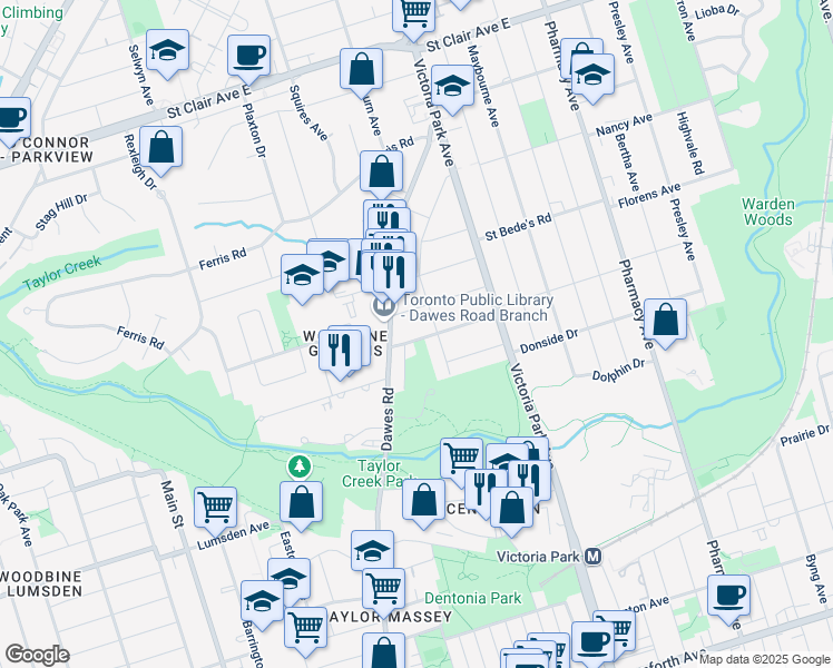 map of restaurants, bars, coffee shops, grocery stores, and more near 12 Donora Drive in Toronto