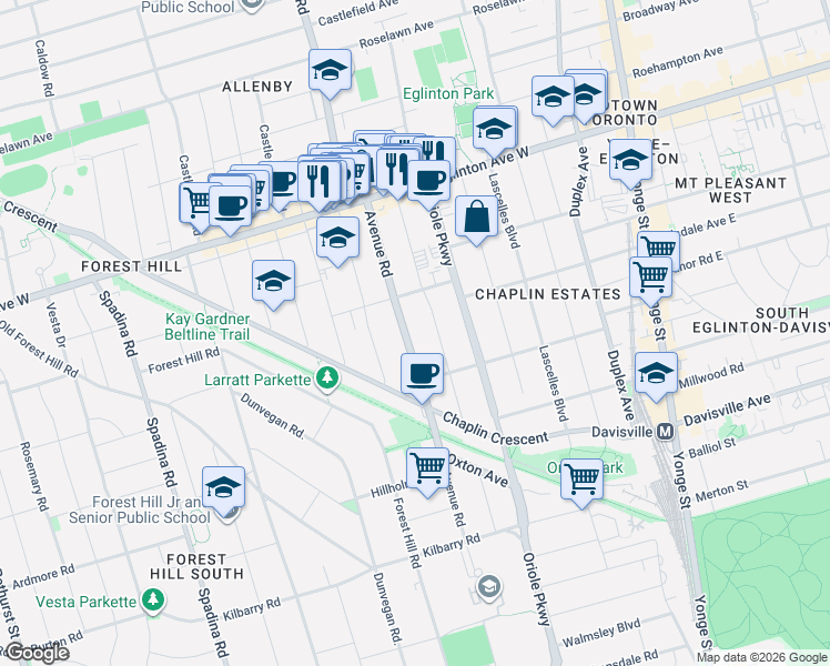 map of restaurants, bars, coffee shops, grocery stores, and more near 919 Avenue Road in Toronto