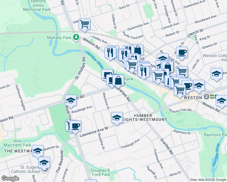 map of restaurants, bars, coffee shops, grocery stores, and more near 1 Dixon Road in Toronto