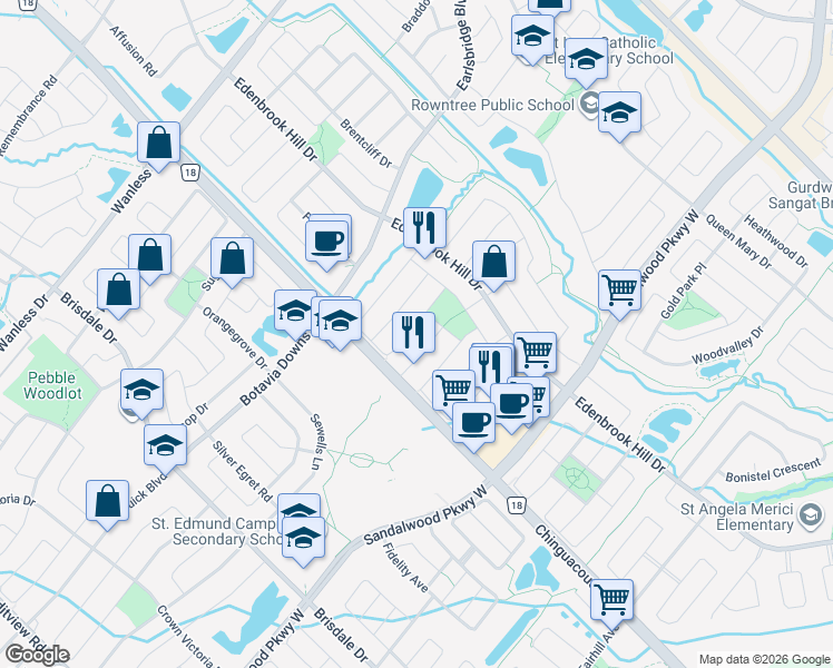 map of restaurants, bars, coffee shops, grocery stores, and more near 90 Tideland Drive in Brampton