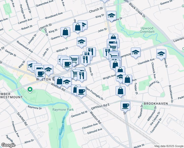 map of restaurants, bars, coffee shops, grocery stores, and more near 9 Pine Street in Toronto