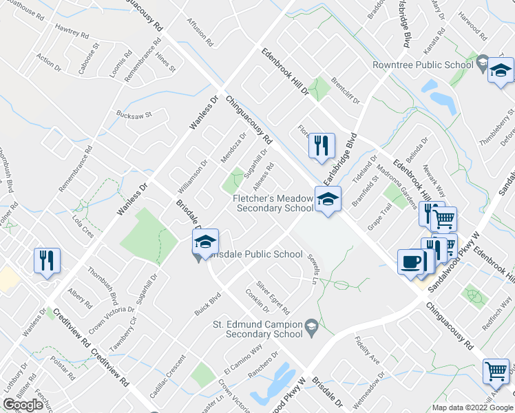map of restaurants, bars, coffee shops, grocery stores, and more near 14 Orangegrove Drive in Brampton