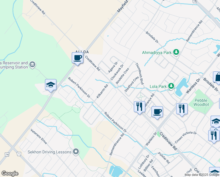 map of restaurants, bars, coffee shops, grocery stores, and more near 70 Enford Crescent in Brampton
