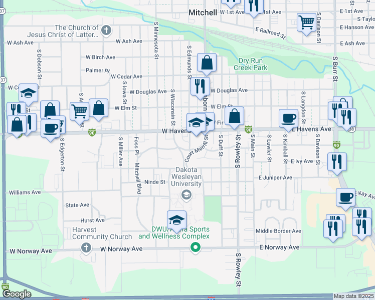 map of restaurants, bars, coffee shops, grocery stores, and more near Mitchell Boulevard in Mitchell