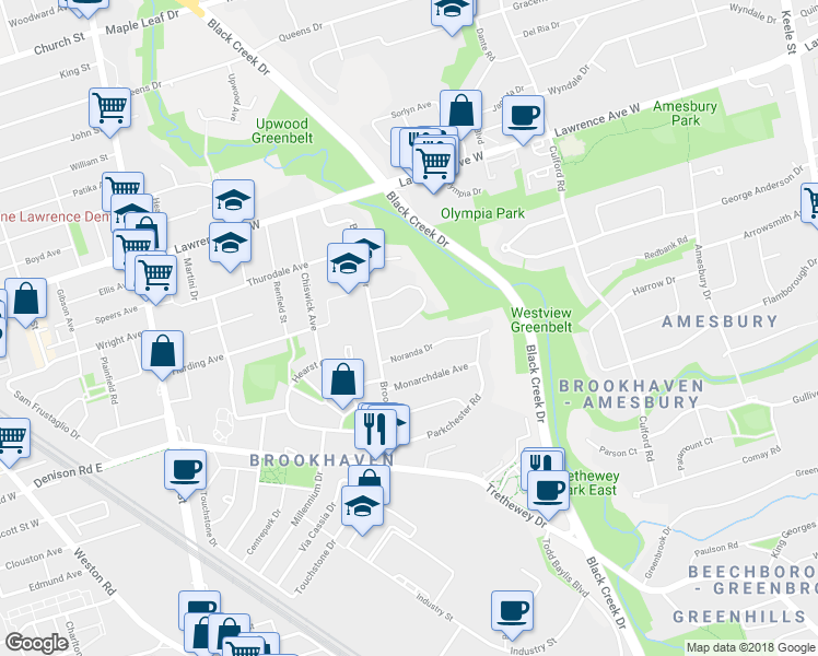 map of restaurants, bars, coffee shops, grocery stores, and more near 14 Nordale Crescent in Toronto