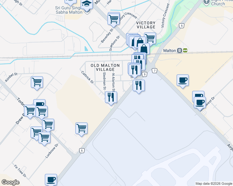 map of restaurants, bars, coffee shops, grocery stores, and more near 14 North Alarton Street in Mississauga