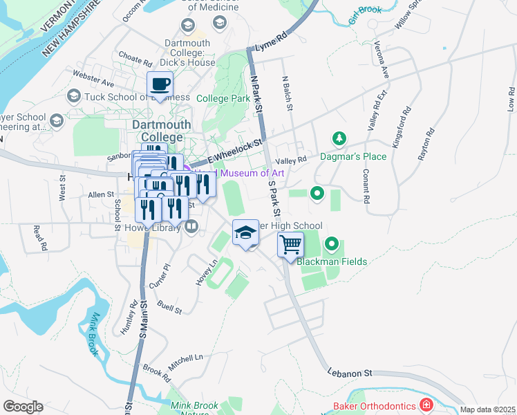 map of restaurants, bars, coffee shops, grocery stores, and more near 26 South Park Street in Hanover