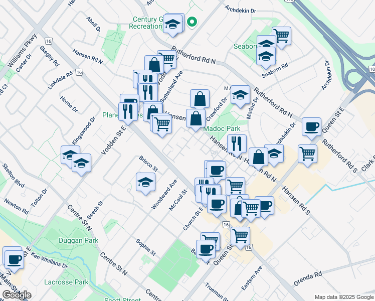 map of restaurants, bars, coffee shops, grocery stores, and more near 93 Hansen Road North in Brampton