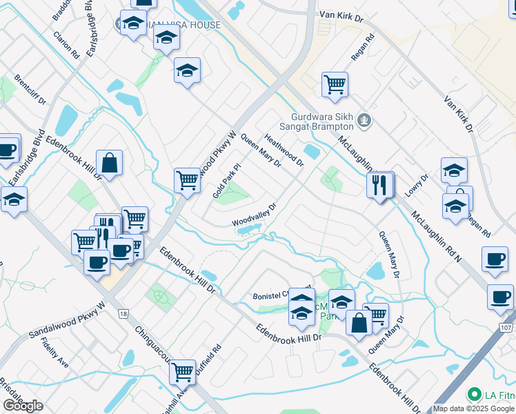 map of restaurants, bars, coffee shops, grocery stores, and more near 11 Nina Place in Brampton