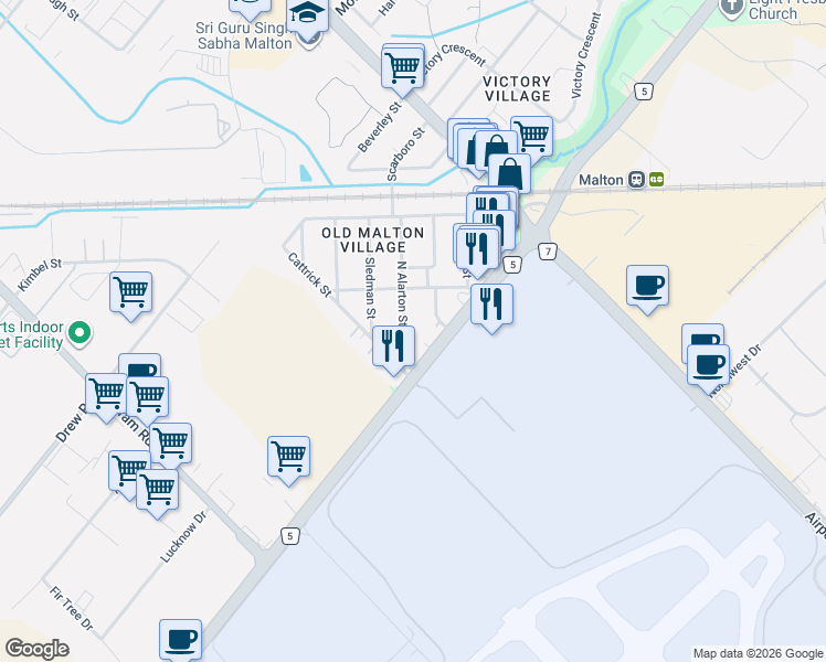 map of restaurants, bars, coffee shops, grocery stores, and more near 14 North Alarton Street in Mississauga