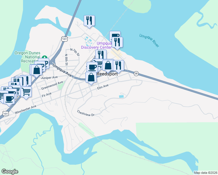 map of restaurants, bars, coffee shops, grocery stores, and more near 414 Elm Ave in Reedsport