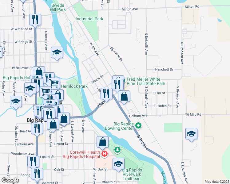 map of restaurants, bars, coffee shops, grocery stores, and more near 805 Maple Street in Big Rapids
