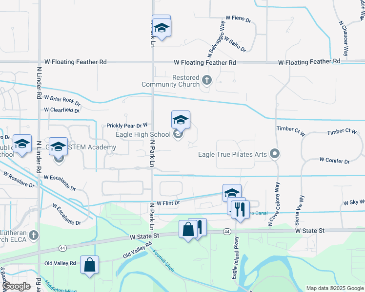 map of restaurants, bars, coffee shops, grocery stores, and more near 574 North Park Lane in Eagle