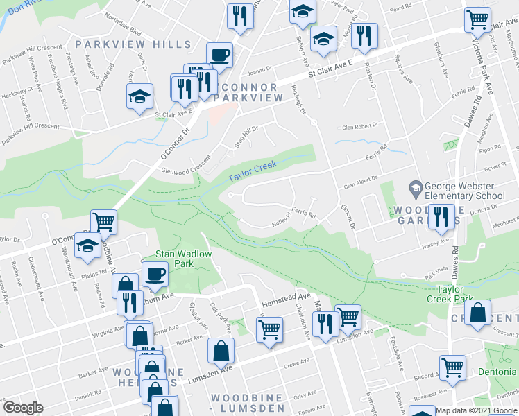map of restaurants, bars, coffee shops, grocery stores, and more near 43 Ferris Road in Toronto