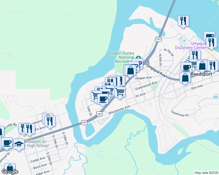 map of restaurants, bars, coffee shops, grocery stores, and more near 435 North 13th Street in Reedsport