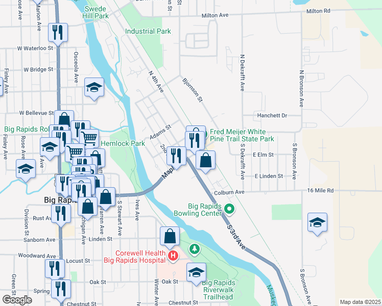 map of restaurants, bars, coffee shops, grocery stores, and more near 805 Maple Street in Big Rapids