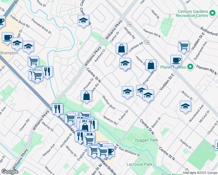 map of restaurants, bars, coffee shops, grocery stores, and more near 314 Centre Street North in Brampton