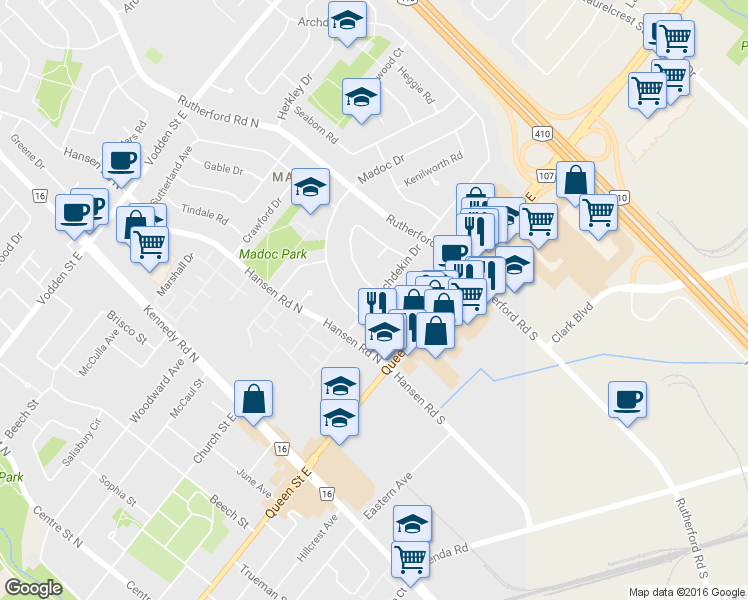 map of restaurants, bars, coffee shops, grocery stores, and more near 24 Archdekin Drive in Brampton