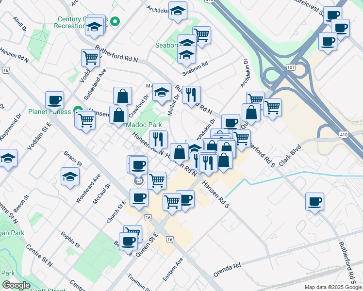 map of restaurants, bars, coffee shops, grocery stores, and more near 8 Madoc Drive in Brampton