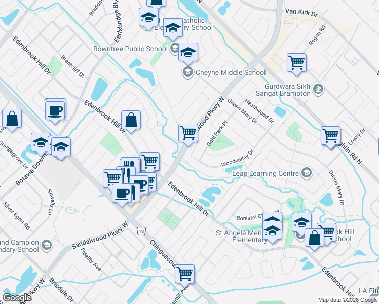 map of restaurants, bars, coffee shops, grocery stores, and more near 93 Woodvalley Drive in Brampton