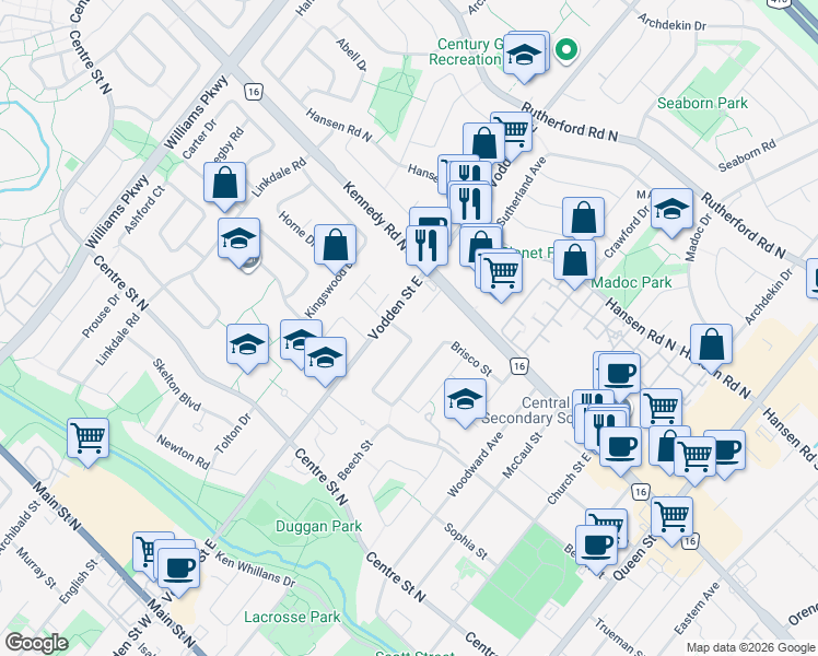 map of restaurants, bars, coffee shops, grocery stores, and more near 9 Cumberland Drive in Brampton
