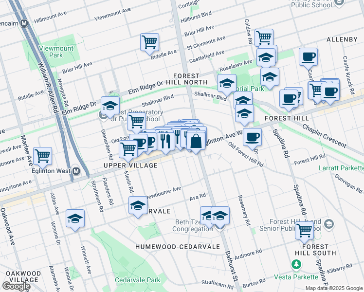 map of restaurants, bars, coffee shops, grocery stores, and more near in Toronto