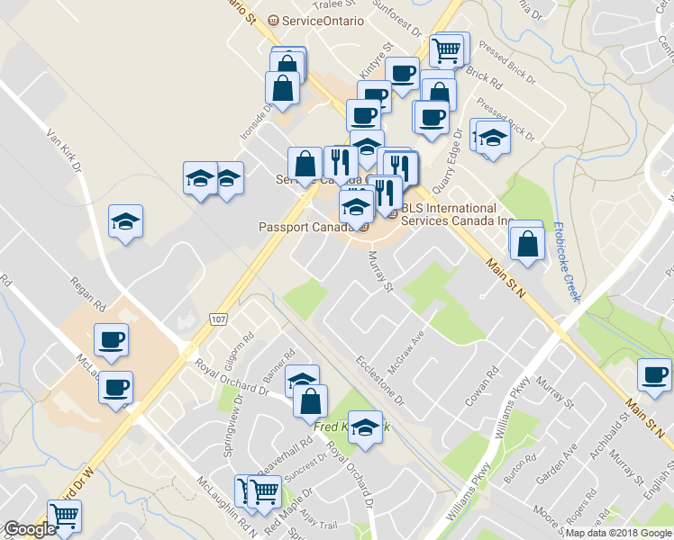 map of restaurants, bars, coffee shops, grocery stores, and more near 33 Tessler Crescent in Brampton