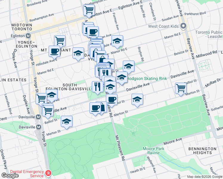 map of restaurants, bars, coffee shops, grocery stores, and more near in Toronto