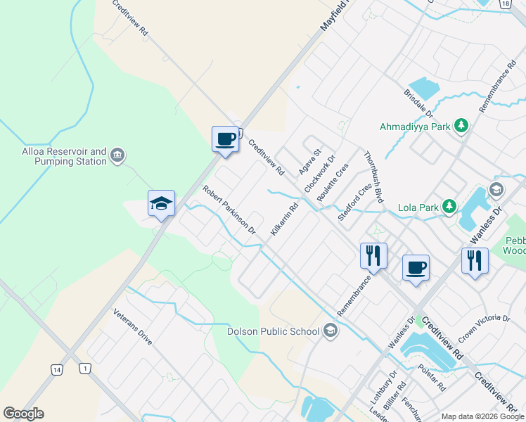 map of restaurants, bars, coffee shops, grocery stores, and more near 28 Manzanita Crescent in Brampton