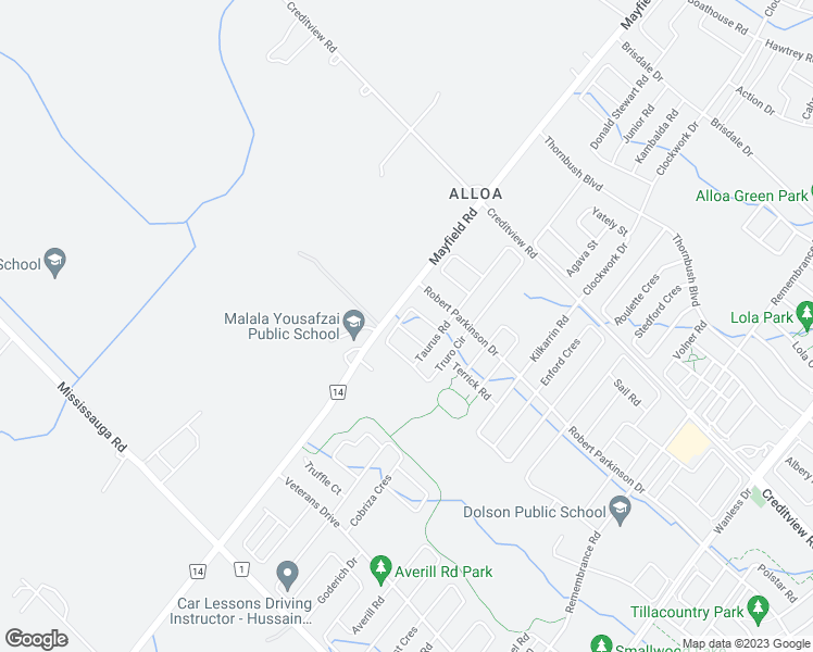 map of restaurants, bars, coffee shops, grocery stores, and more near 18 Monceau Road in Brampton