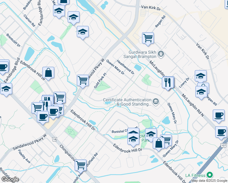 map of restaurants, bars, coffee shops, grocery stores, and more near 11 Nina Place in Brampton