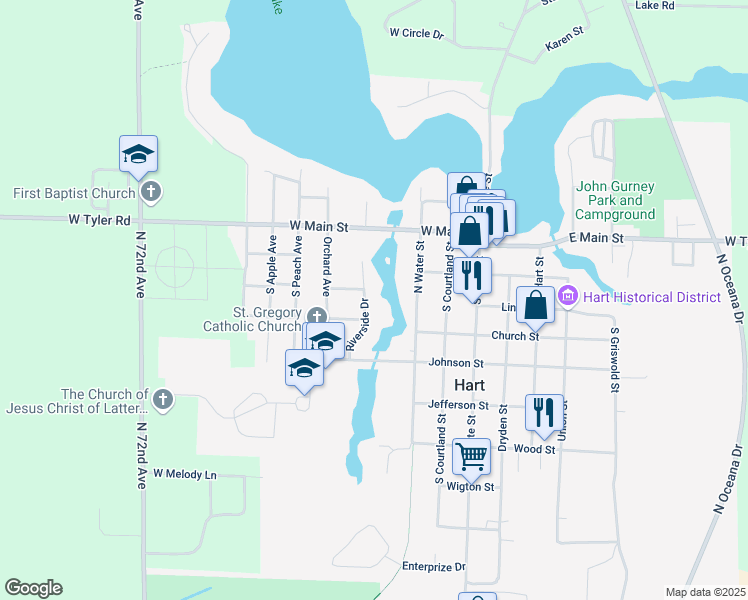 map of restaurants, bars, coffee shops, grocery stores, and more near 209 Riverside Drive in Hart