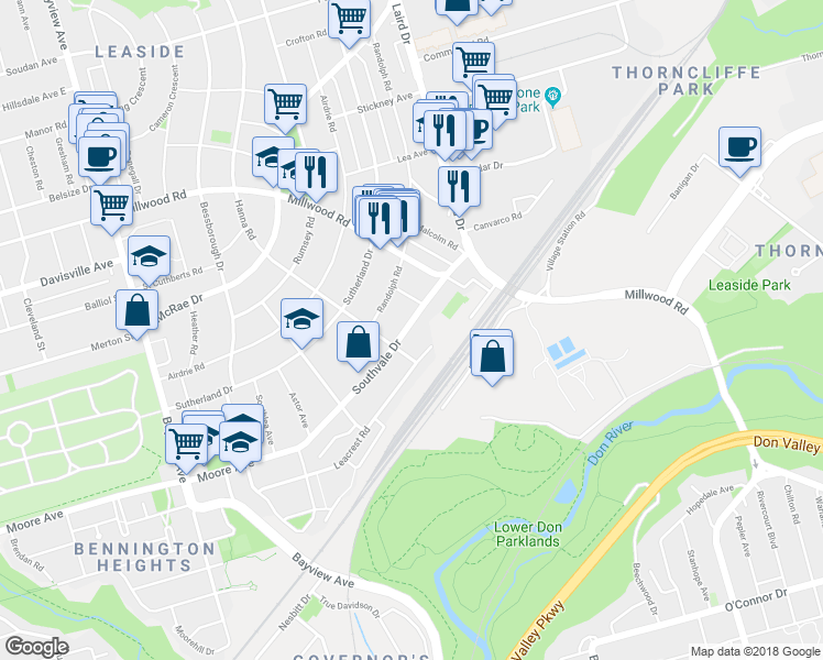 map of restaurants, bars, coffee shops, grocery stores, and more near 41 Southvale Drive in Toronto