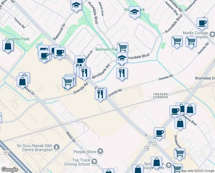 map of restaurants, bars, coffee shops, grocery stores, and more near 300 Orenda Road in Brampton