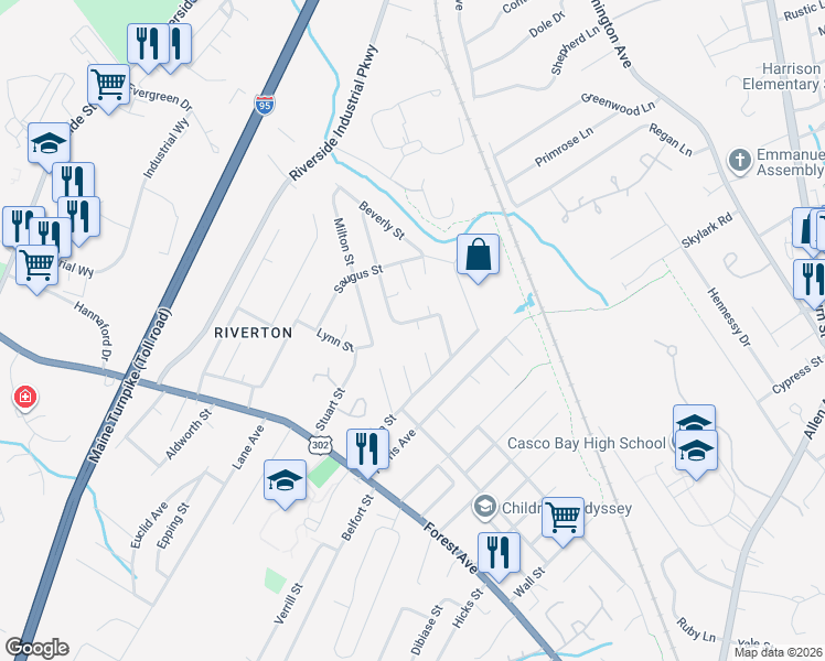 map of restaurants, bars, coffee shops, grocery stores, and more near 26 Buca Run in Portland