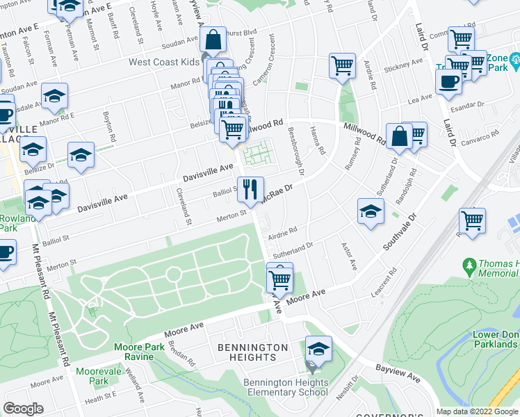 map of restaurants, bars, coffee shops, grocery stores, and more near in Toronto