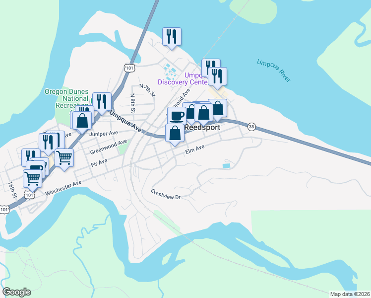 map of restaurants, bars, coffee shops, grocery stores, and more near 525 Elm Avenue in Reedsport