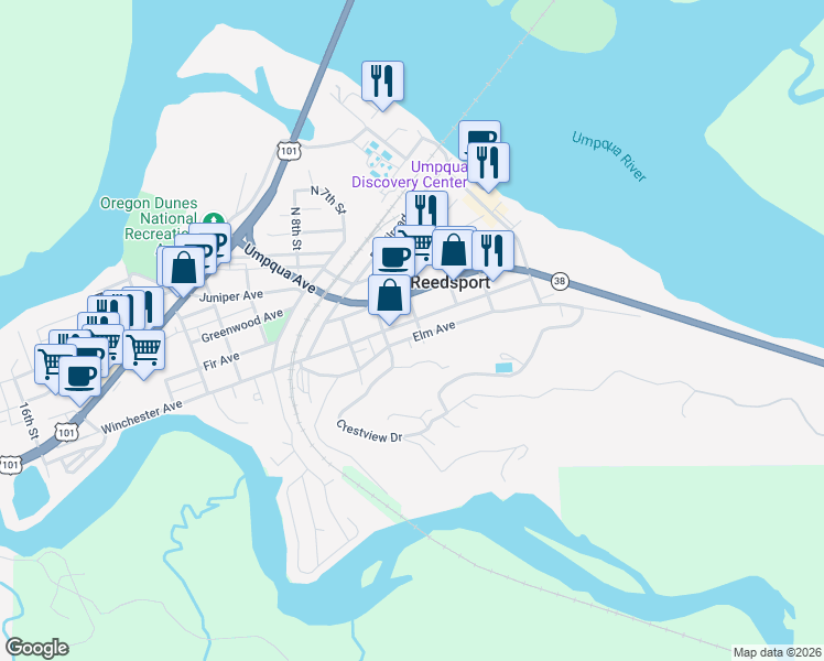 map of restaurants, bars, coffee shops, grocery stores, and more near 525 Elm Avenue in Reedsport