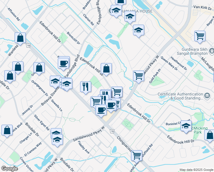 map of restaurants, bars, coffee shops, grocery stores, and more near 214 Edenbrook Hill Drive in Brampton