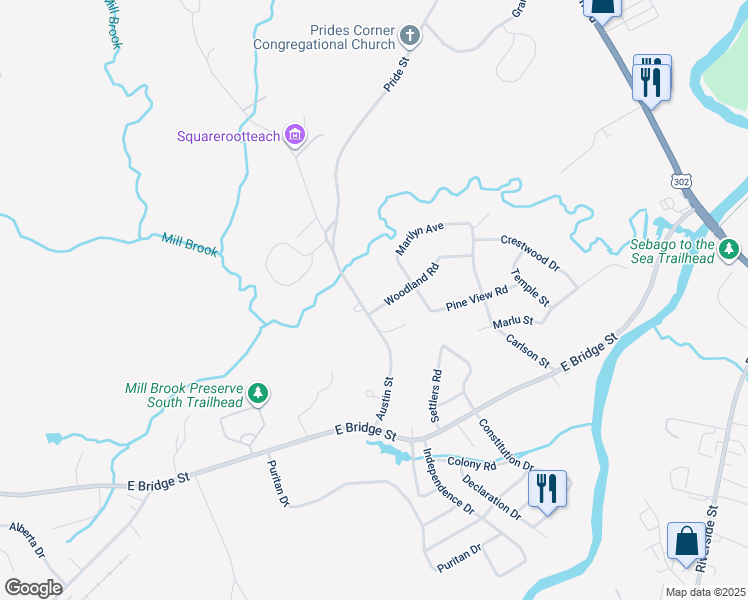 map of restaurants, bars, coffee shops, grocery stores, and more near 151 Austin Street in Westbrook