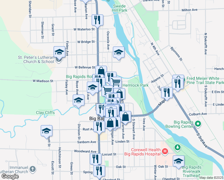 map of restaurants, bars, coffee shops, grocery stores, and more near 203 East Pine Street in Big Rapids