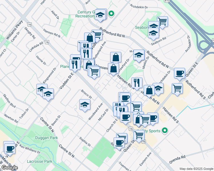 map of restaurants, bars, coffee shops, grocery stores, and more near 93 Hansen Road North in Brampton