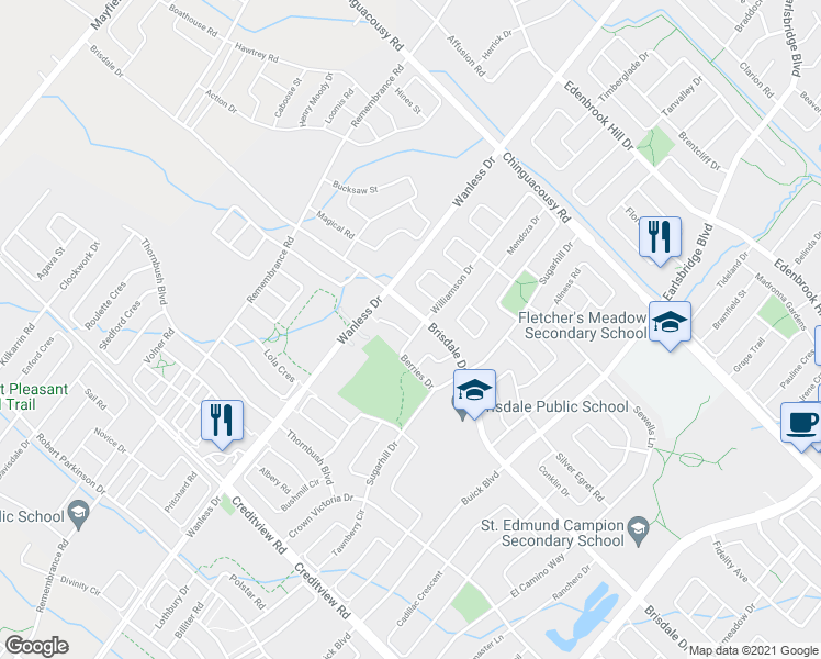 map of restaurants, bars, coffee shops, grocery stores, and more near 1 Celestial Court in Brampton