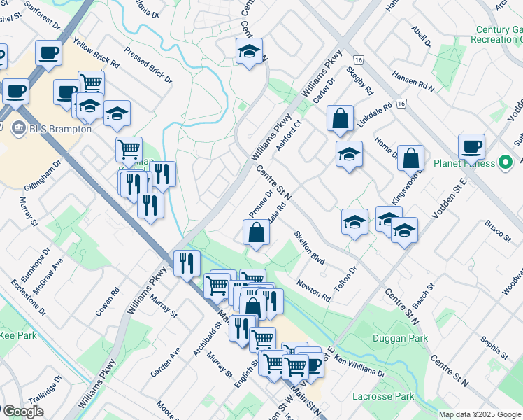 map of restaurants, bars, coffee shops, grocery stores, and more near 27 Prouse Drive in Brampton