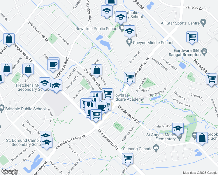 map of restaurants, bars, coffee shops, grocery stores, and more near 9 Newark Way in Brampton