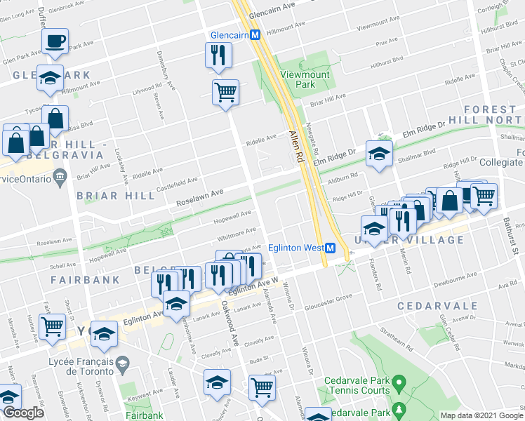 map of restaurants, bars, coffee shops, grocery stores, and more near 99 Marlee Avenue in Toronto