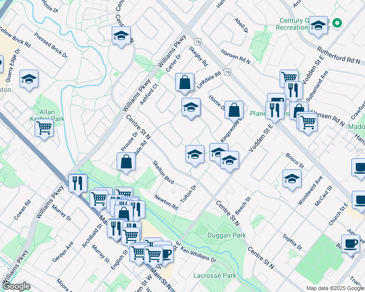 map of restaurants, bars, coffee shops, grocery stores, and more near 37 Newlyn Crescent in Brampton