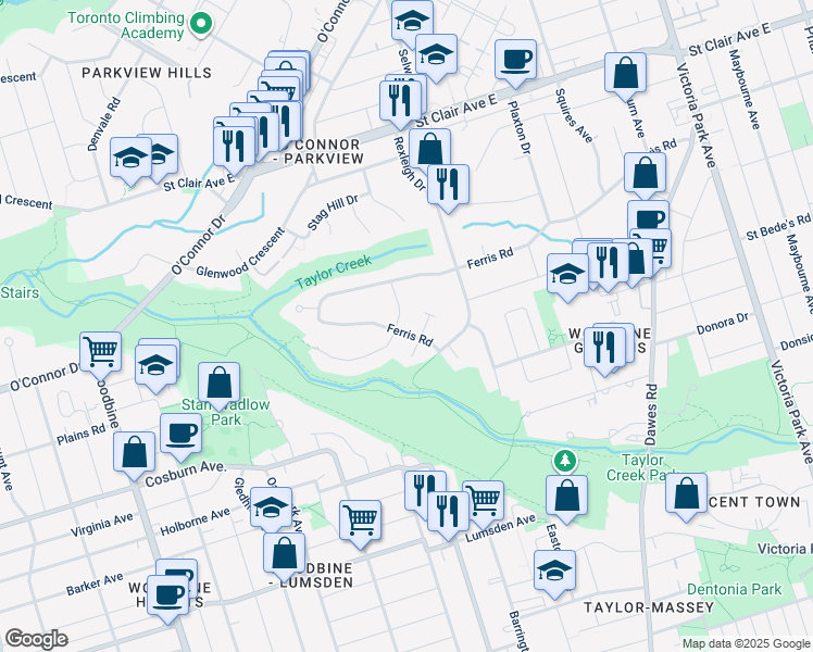 map of restaurants, bars, coffee shops, grocery stores, and more near in Toronto