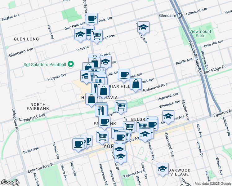 map of restaurants, bars, coffee shops, grocery stores, and more near 1030 Castlefield Avenue in Toronto